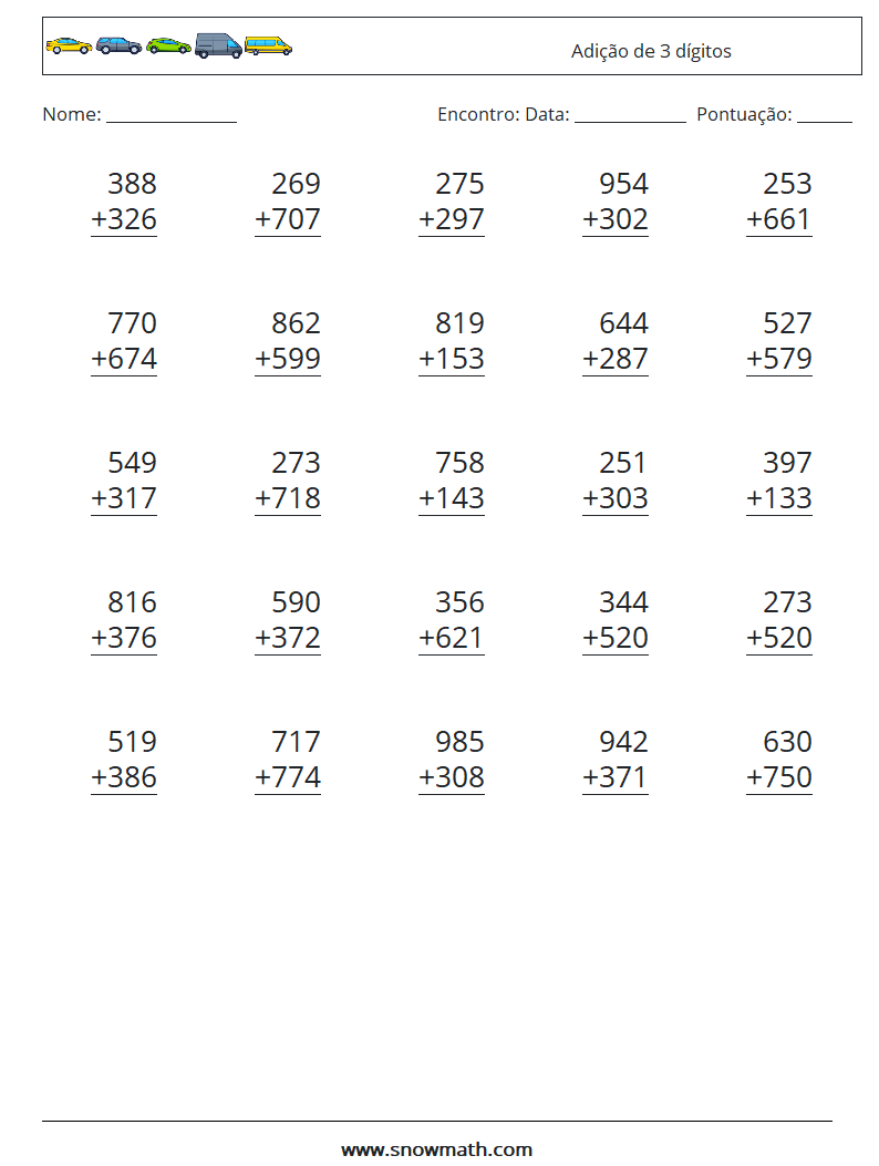 (25) Adição de 3 dígitos planilhas matemáticas 1