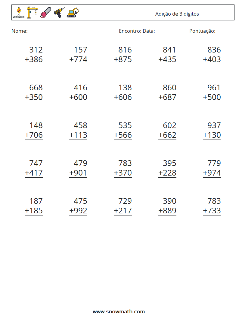 (25) Adição de 3 dígitos planilhas matemáticas 10