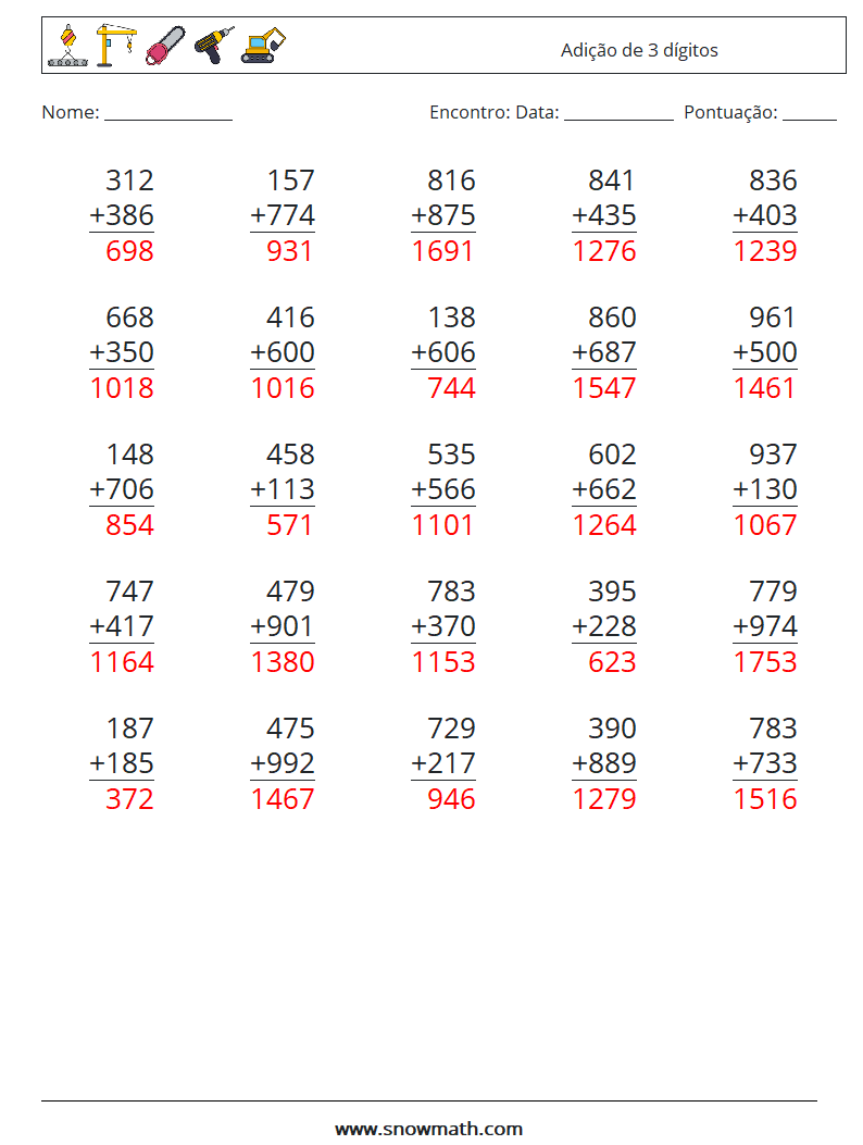 (25) Adição de 3 dígitos planilhas matemáticas 10 Pergunta, Resposta