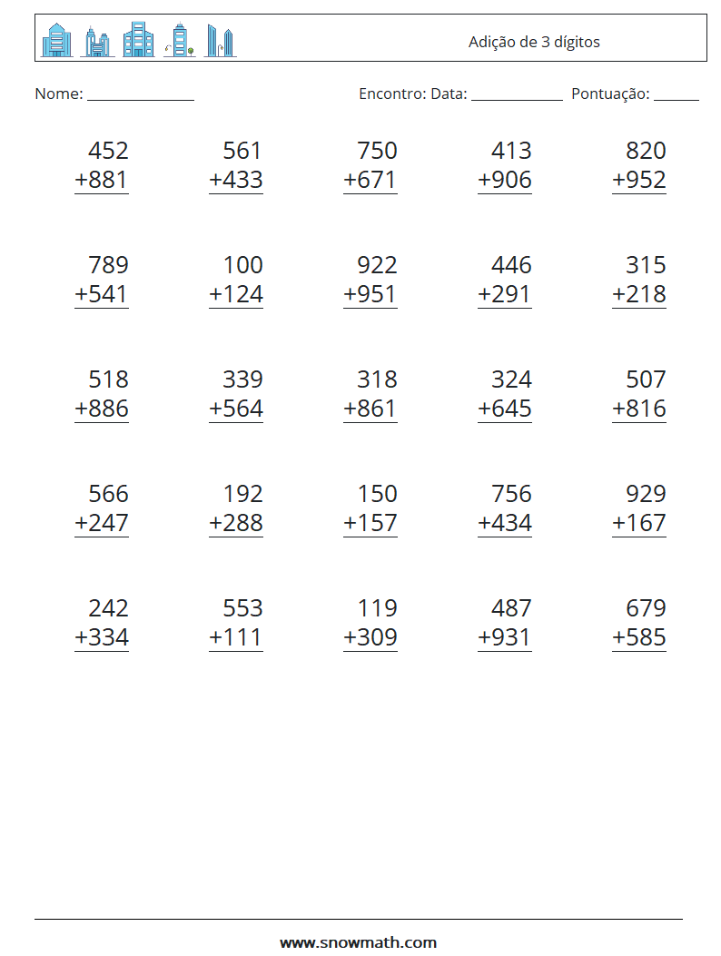 (25) Adição de 3 dígitos planilhas matemáticas 11