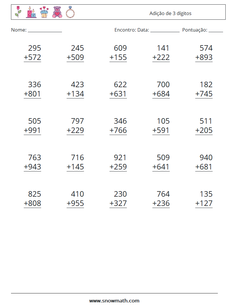 (25) Adição de 3 dígitos planilhas matemáticas 12