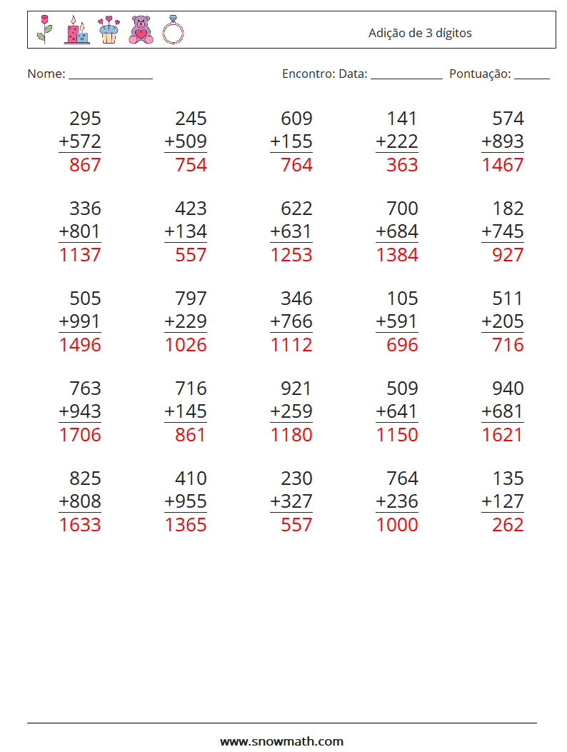 (25) Adição de 3 dígitos planilhas matemáticas 12 Pergunta, Resposta