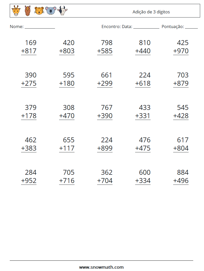 (25) Adição de 3 dígitos planilhas matemáticas 13