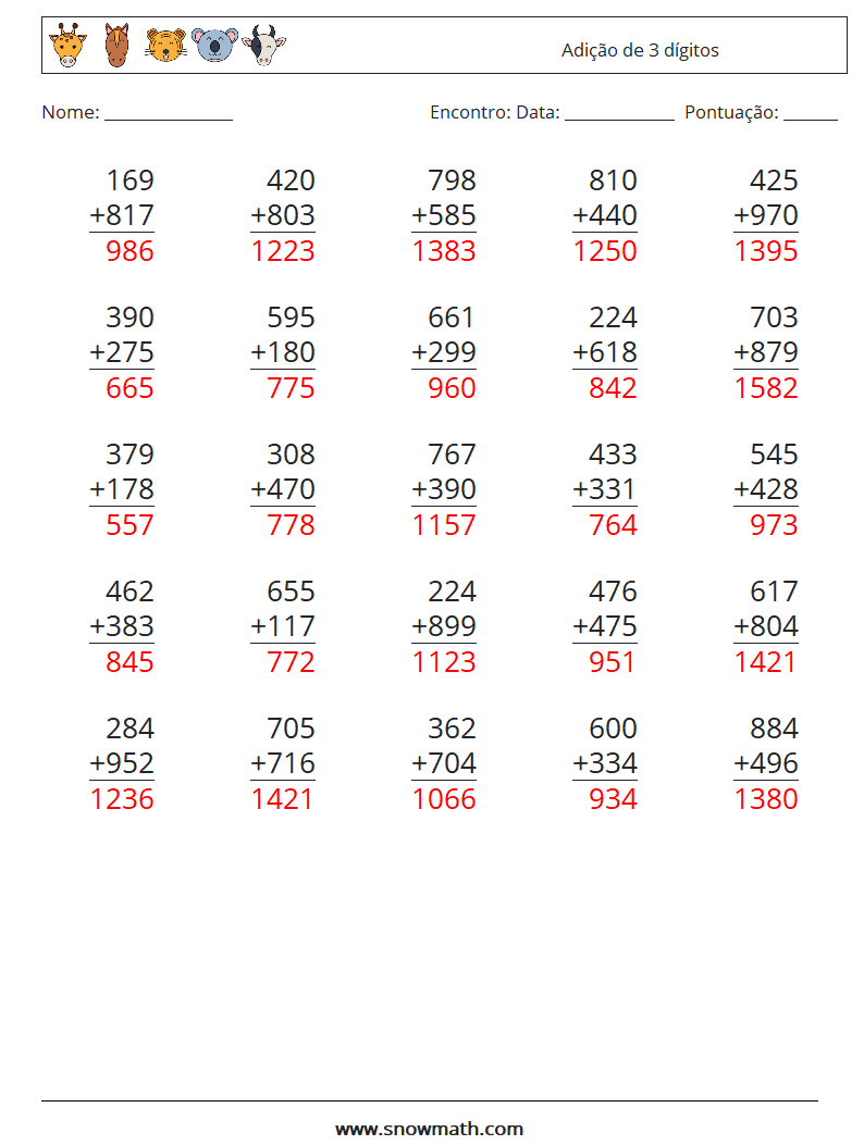 (25) Adição de 3 dígitos planilhas matemáticas 13 Pergunta, Resposta