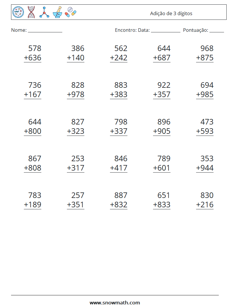 (25) Adição de 3 dígitos planilhas matemáticas 14