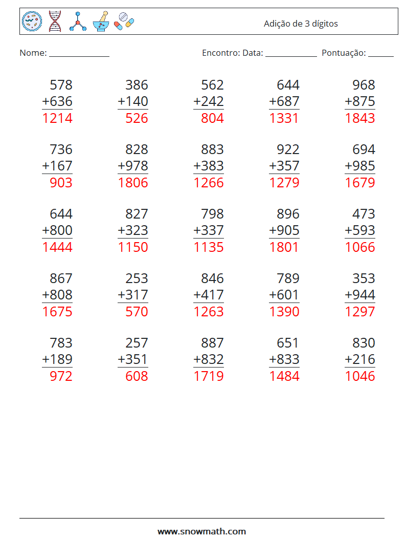 (25) Adição de 3 dígitos planilhas matemáticas 14 Pergunta, Resposta