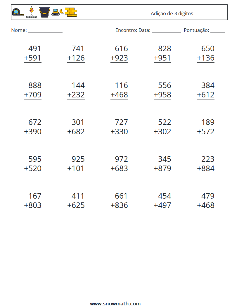 (25) Adição de 3 dígitos planilhas matemáticas 15