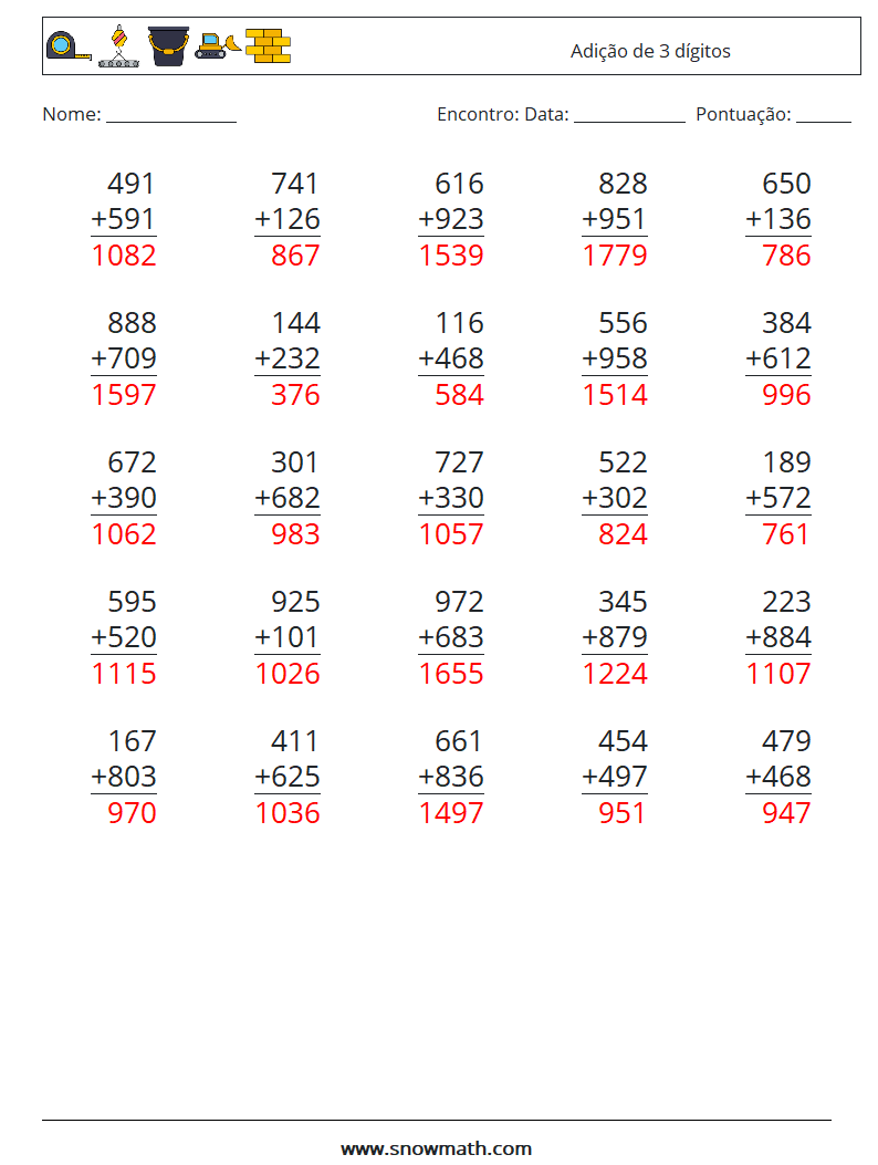 (25) Adição de 3 dígitos planilhas matemáticas 15 Pergunta, Resposta