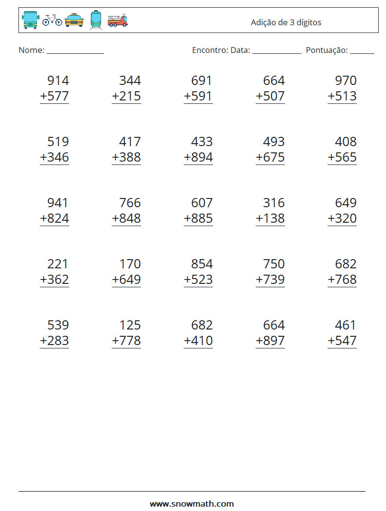 (25) Adição de 3 dígitos planilhas matemáticas 16