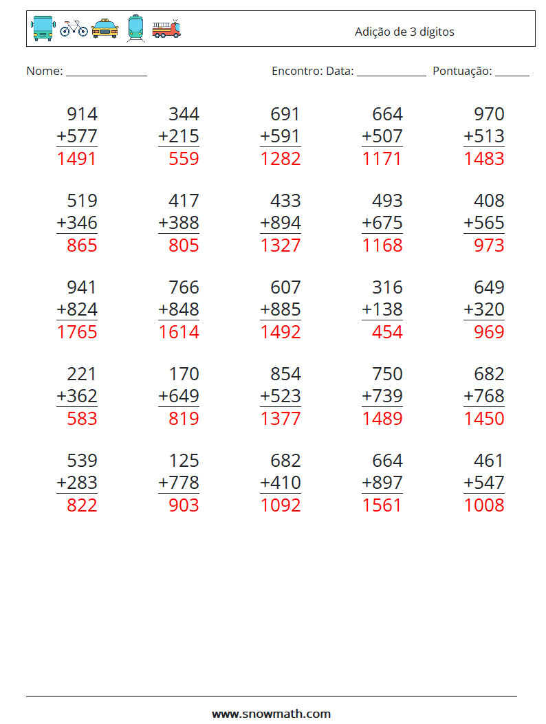 (25) Adição de 3 dígitos planilhas matemáticas 16 Pergunta, Resposta