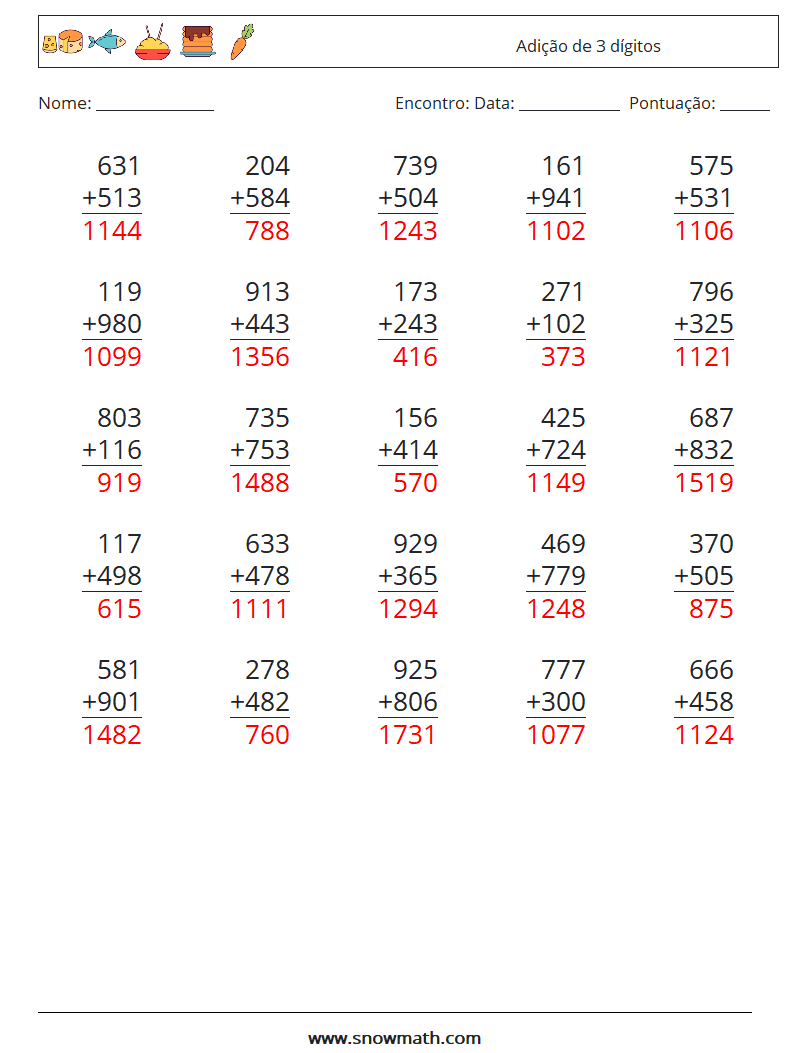 (25) Adição de 3 dígitos planilhas matemáticas 18 Pergunta, Resposta