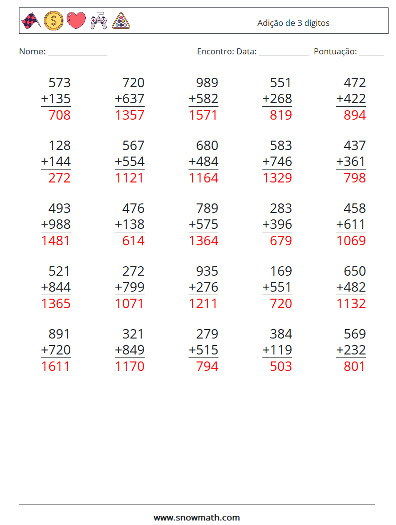 (25) Adição de 3 dígitos planilhas matemáticas 2 Pergunta, Resposta