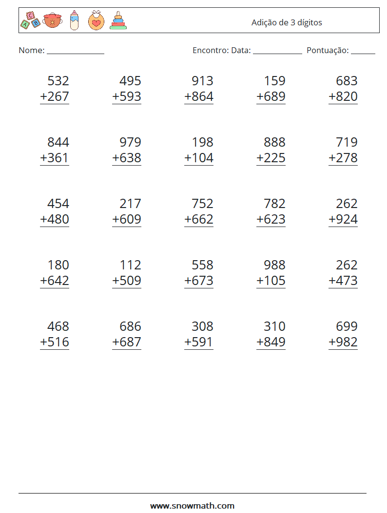 (25) Adição de 3 dígitos planilhas matemáticas 3