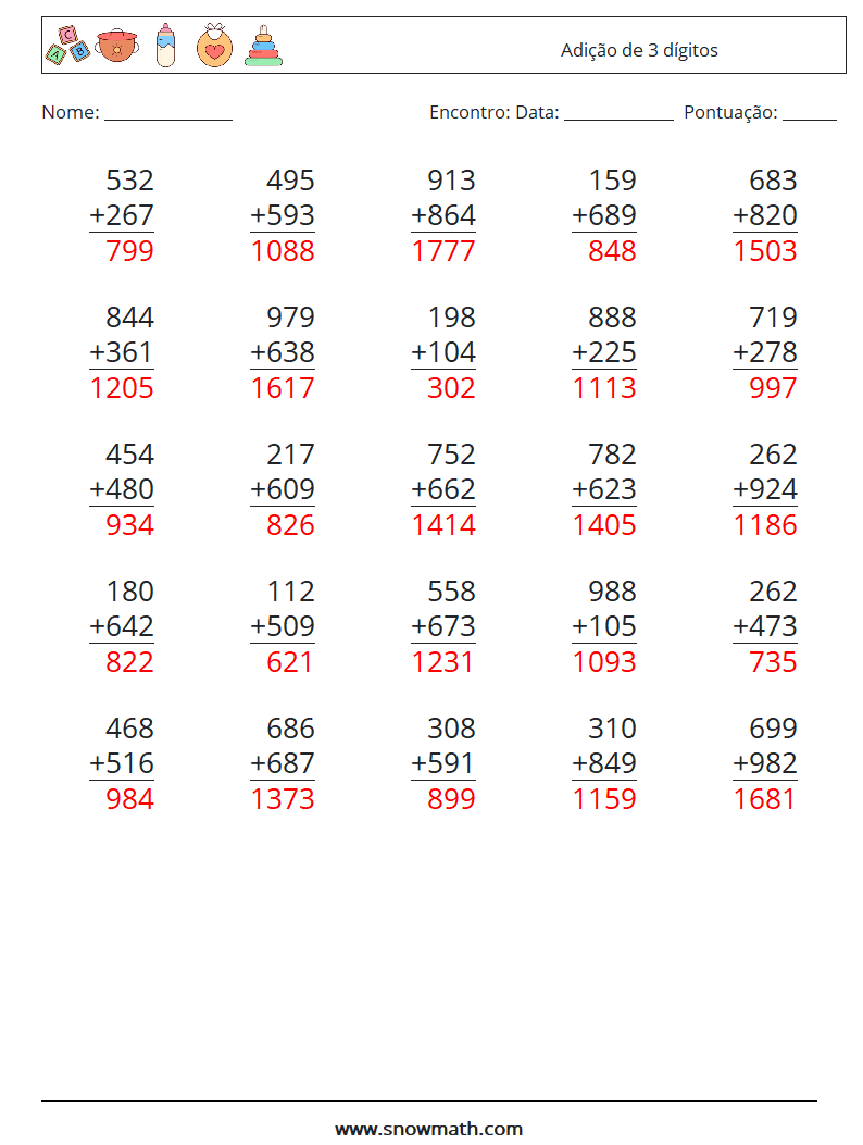 (25) Adição de 3 dígitos planilhas matemáticas 3 Pergunta, Resposta