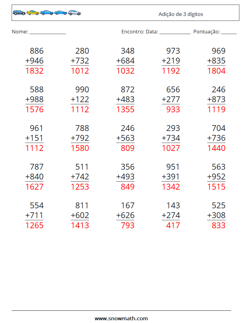 (25) Adição de 3 dígitos planilhas matemáticas 4 Pergunta, Resposta