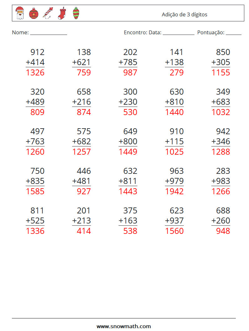 (25) Adição de 3 dígitos planilhas matemáticas 5 Pergunta, Resposta