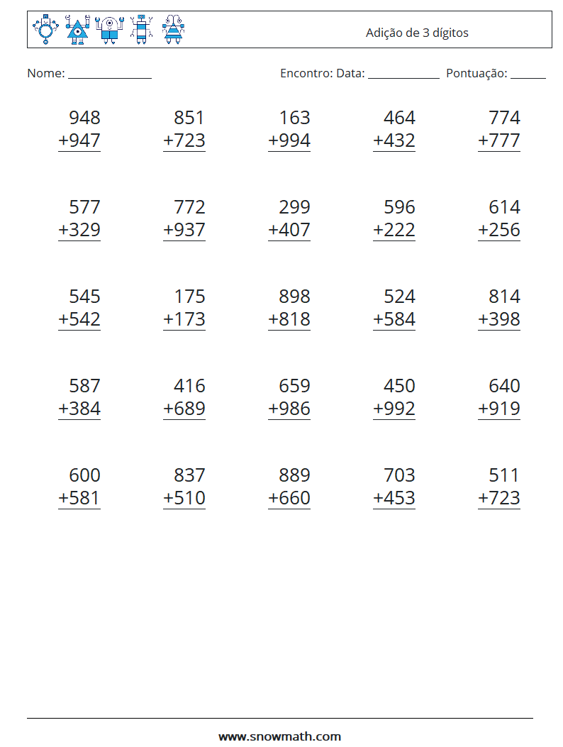 (25) Adição de 3 dígitos planilhas matemáticas 6