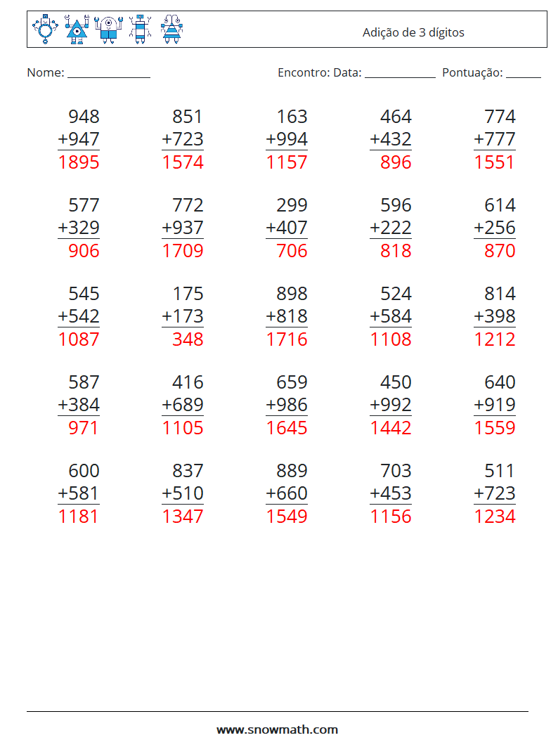 (25) Adição de 3 dígitos planilhas matemáticas 6 Pergunta, Resposta