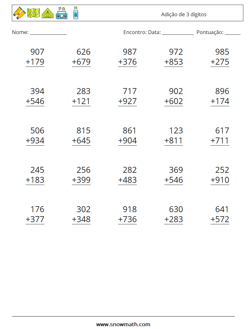 (25) Adição de 3 dígitos planilhas matemáticas 7