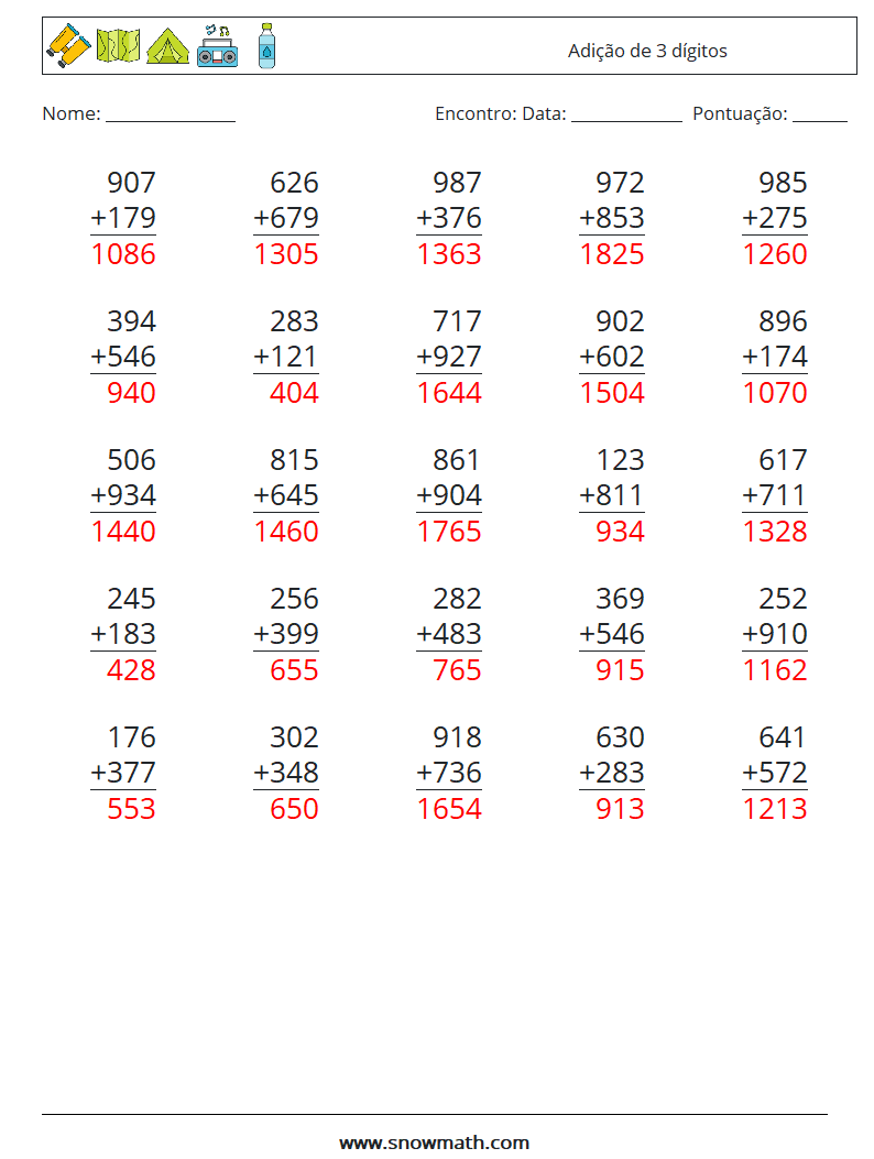 (25) Adição de 3 dígitos planilhas matemáticas 7 Pergunta, Resposta