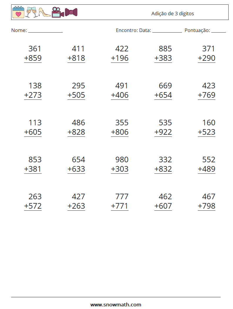 (25) Adição de 3 dígitos planilhas matemáticas 8