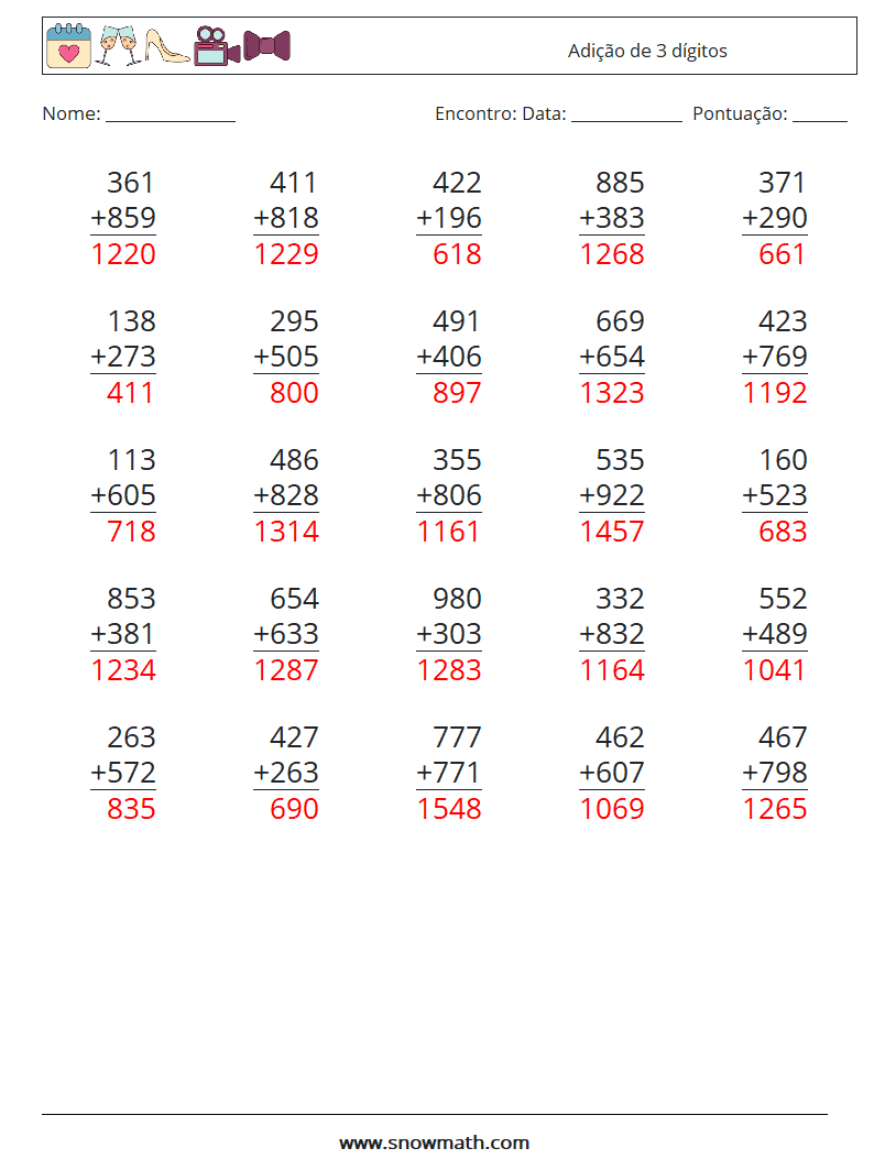 (25) Adição de 3 dígitos planilhas matemáticas 8 Pergunta, Resposta