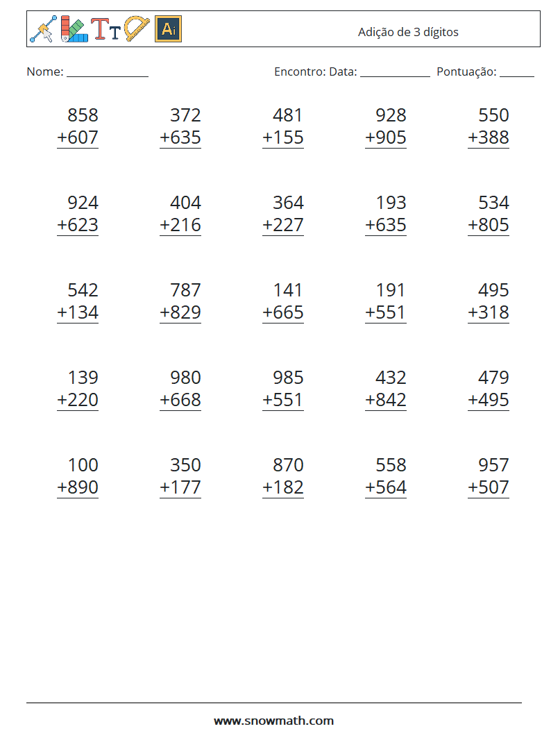 (25) Adição de 3 dígitos planilhas matemáticas 9