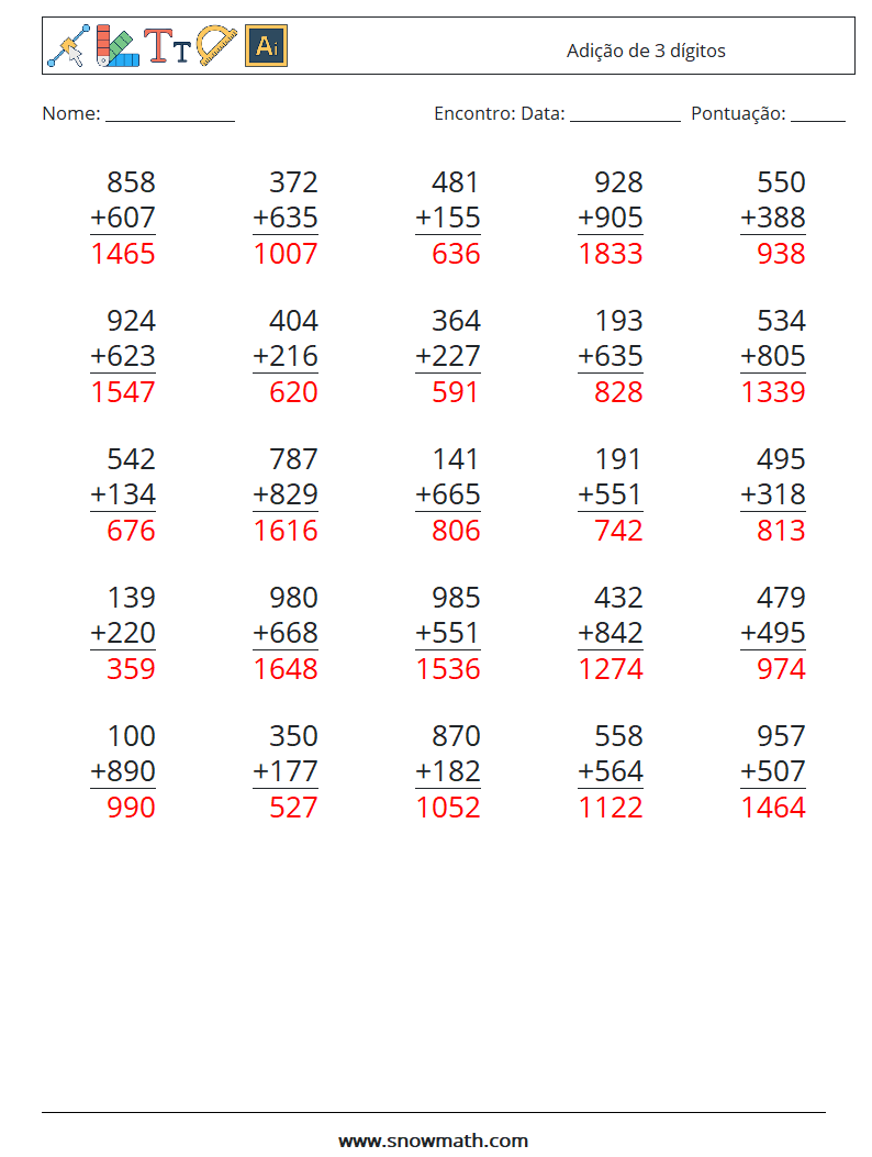 (25) Adição de 3 dígitos planilhas matemáticas 9 Pergunta, Resposta