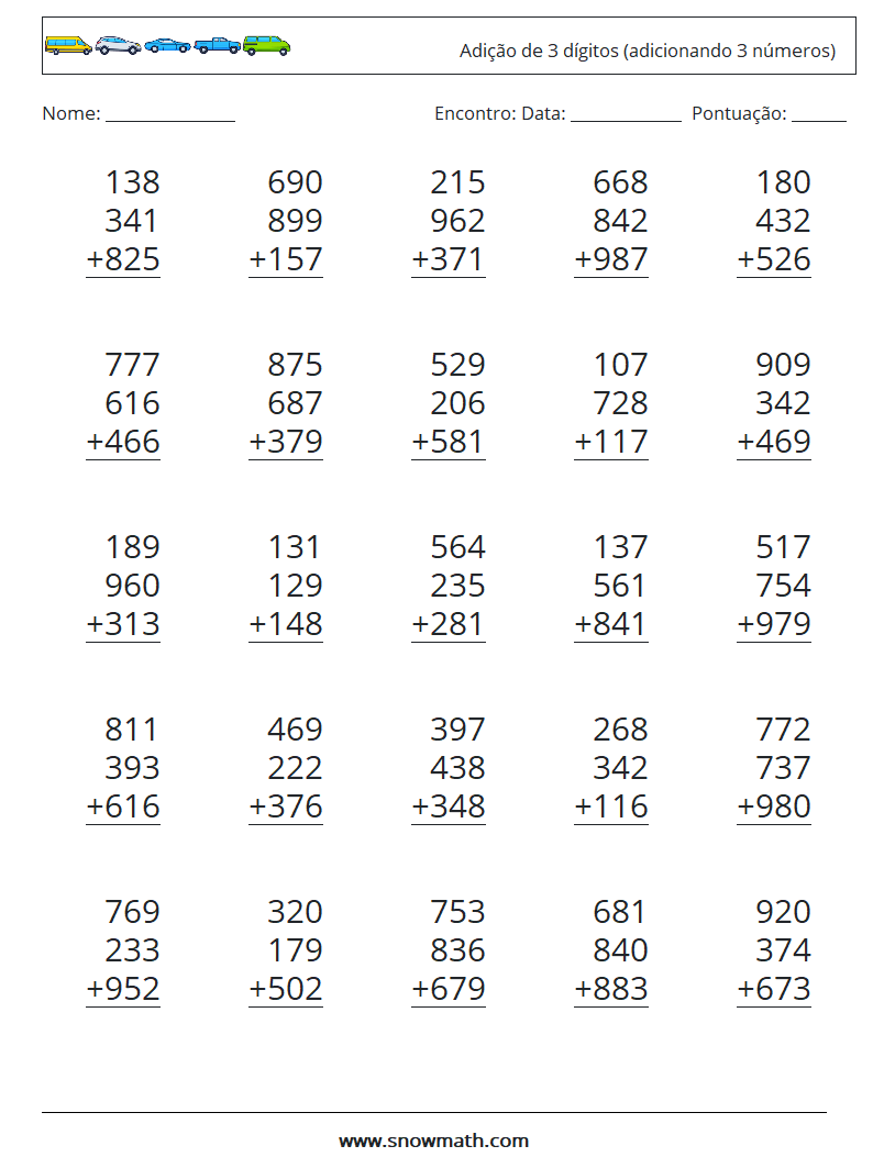 (25) Adição de 3 dígitos (adicionando 3 números) planilhas matemáticas 1