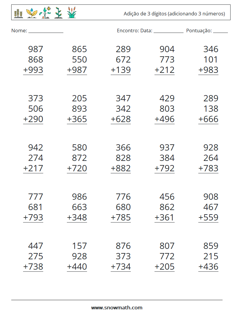 (25) Adição de 3 dígitos (adicionando 3 números) planilhas matemáticas 10