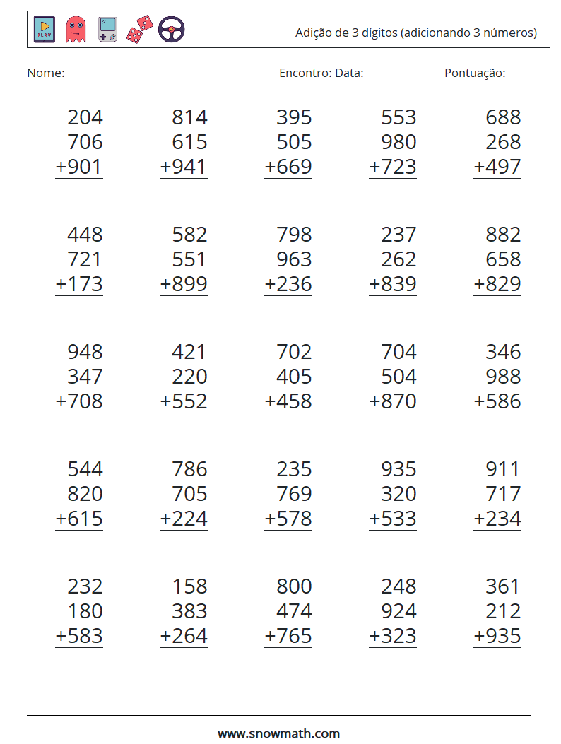 (25) Adição de 3 dígitos (adicionando 3 números) planilhas matemáticas 11