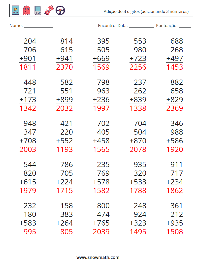 (25) Adição de 3 dígitos (adicionando 3 números) planilhas matemáticas 11 Pergunta, Resposta