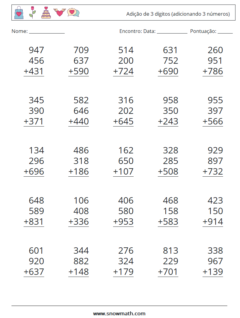 (25) Adição de 3 dígitos (adicionando 3 números) planilhas matemáticas 12