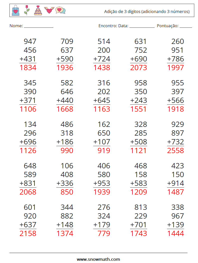 (25) Adição de 3 dígitos (adicionando 3 números) planilhas matemáticas 12 Pergunta, Resposta