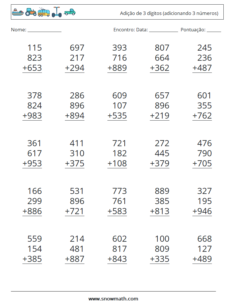 (25) Adição de 3 dígitos (adicionando 3 números) planilhas matemáticas 13