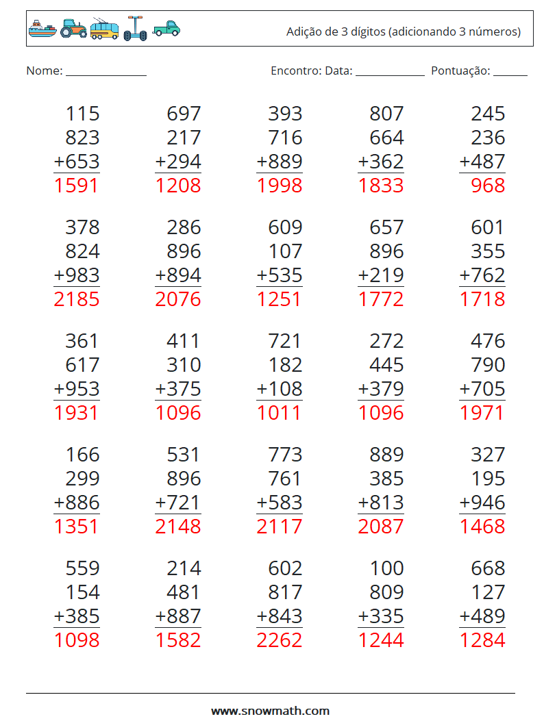 (25) Adição de 3 dígitos (adicionando 3 números) planilhas matemáticas 13 Pergunta, Resposta