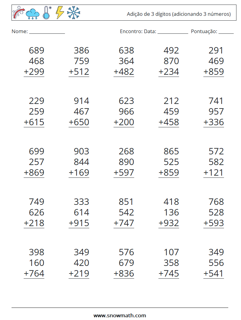 (25) Adição de 3 dígitos (adicionando 3 números) planilhas matemáticas 14