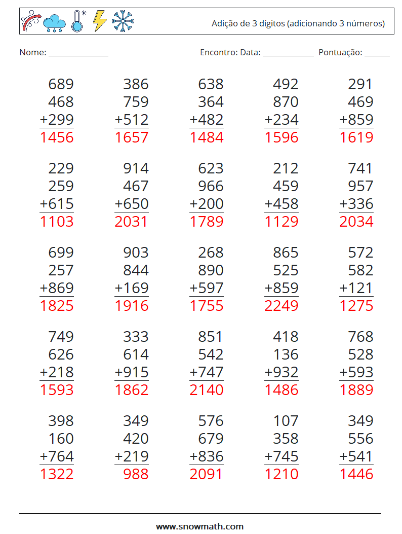 (25) Adição de 3 dígitos (adicionando 3 números) planilhas matemáticas 14 Pergunta, Resposta