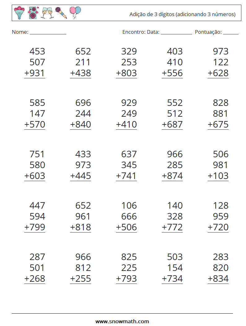 (25) Adição de 3 dígitos (adicionando 3 números) planilhas matemáticas 15