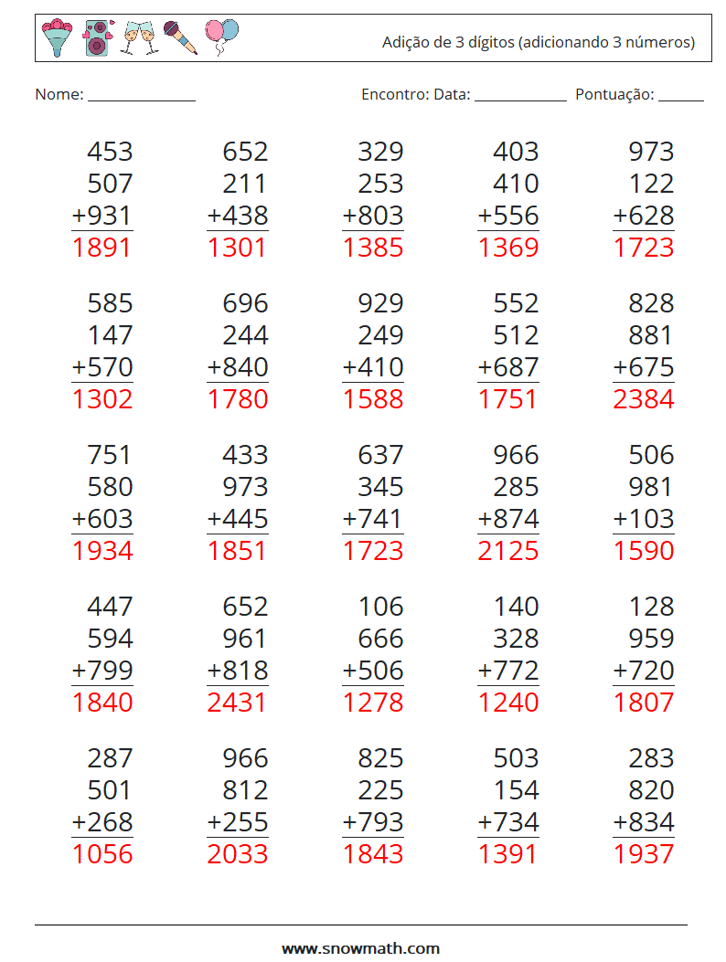 (25) Adição de 3 dígitos (adicionando 3 números) planilhas matemáticas 15 Pergunta, Resposta