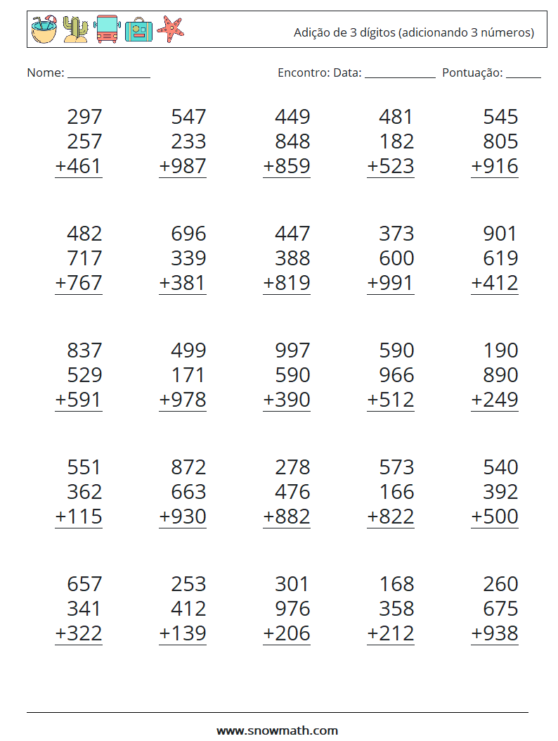 (25) Adição de 3 dígitos (adicionando 3 números) planilhas matemáticas 16