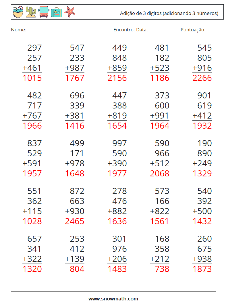 (25) Adição de 3 dígitos (adicionando 3 números) planilhas matemáticas 16 Pergunta, Resposta