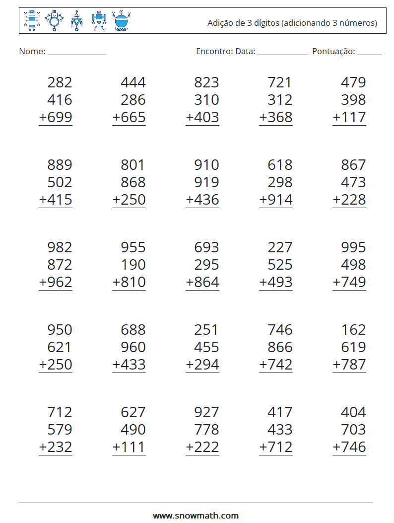 (25) Adição de 3 dígitos (adicionando 3 números) planilhas matemáticas 17