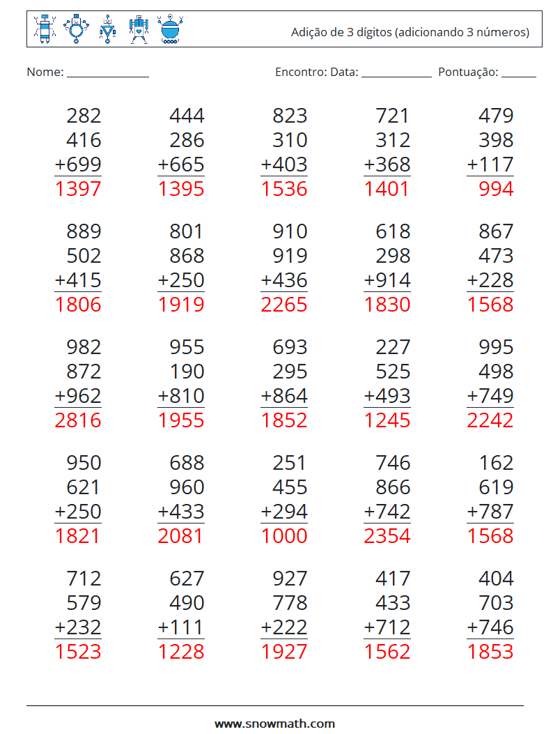 (25) Adição de 3 dígitos (adicionando 3 números) planilhas matemáticas 17 Pergunta, Resposta