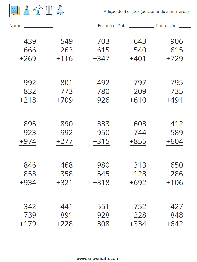 (25) Adição de 3 dígitos (adicionando 3 números) planilhas matemáticas 18