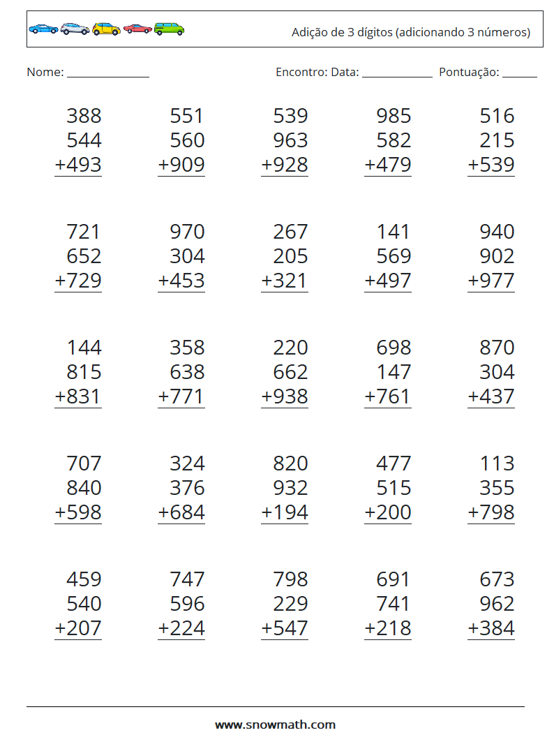 (25) Adição de 3 dígitos (adicionando 3 números) planilhas matemáticas 2