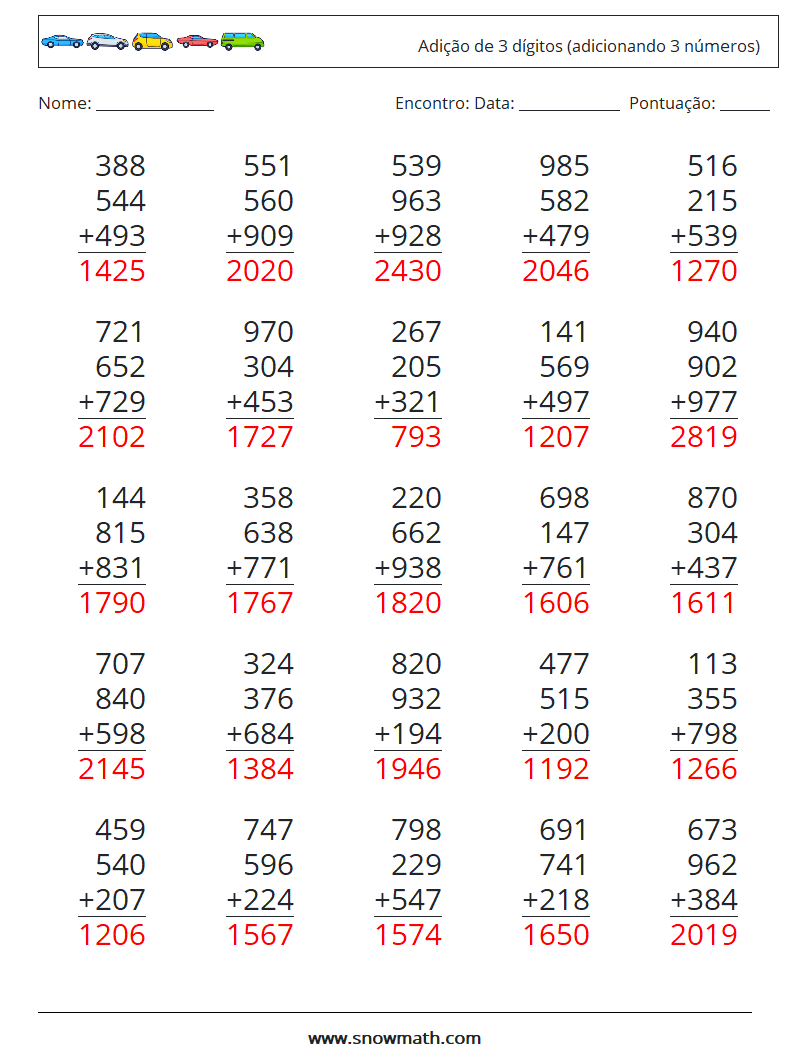 (25) Adição de 3 dígitos (adicionando 3 números) planilhas matemáticas 2 Pergunta, Resposta