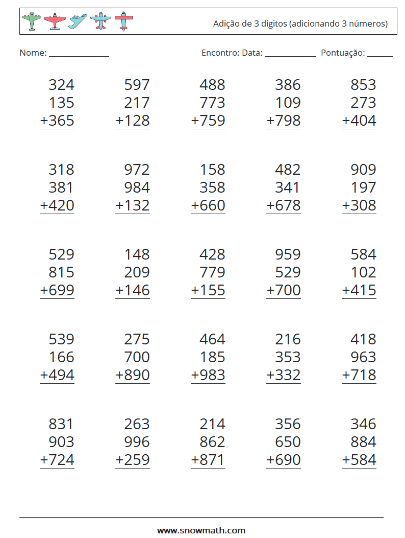 (25) Adição de 3 dígitos (adicionando 3 números) planilhas matemáticas 3