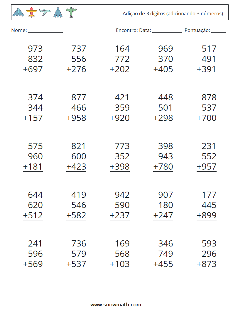 (25) Adição de 3 dígitos (adicionando 3 números) planilhas matemáticas 4