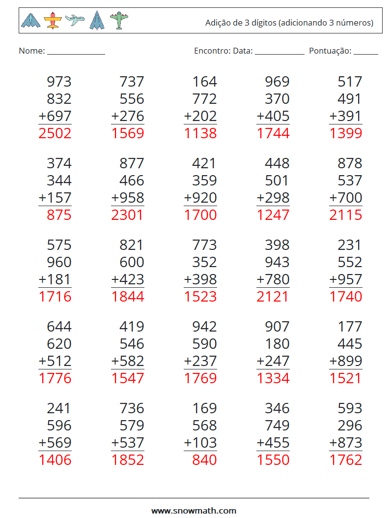 (25) Adição de 3 dígitos (adicionando 3 números) planilhas matemáticas 4 Pergunta, Resposta